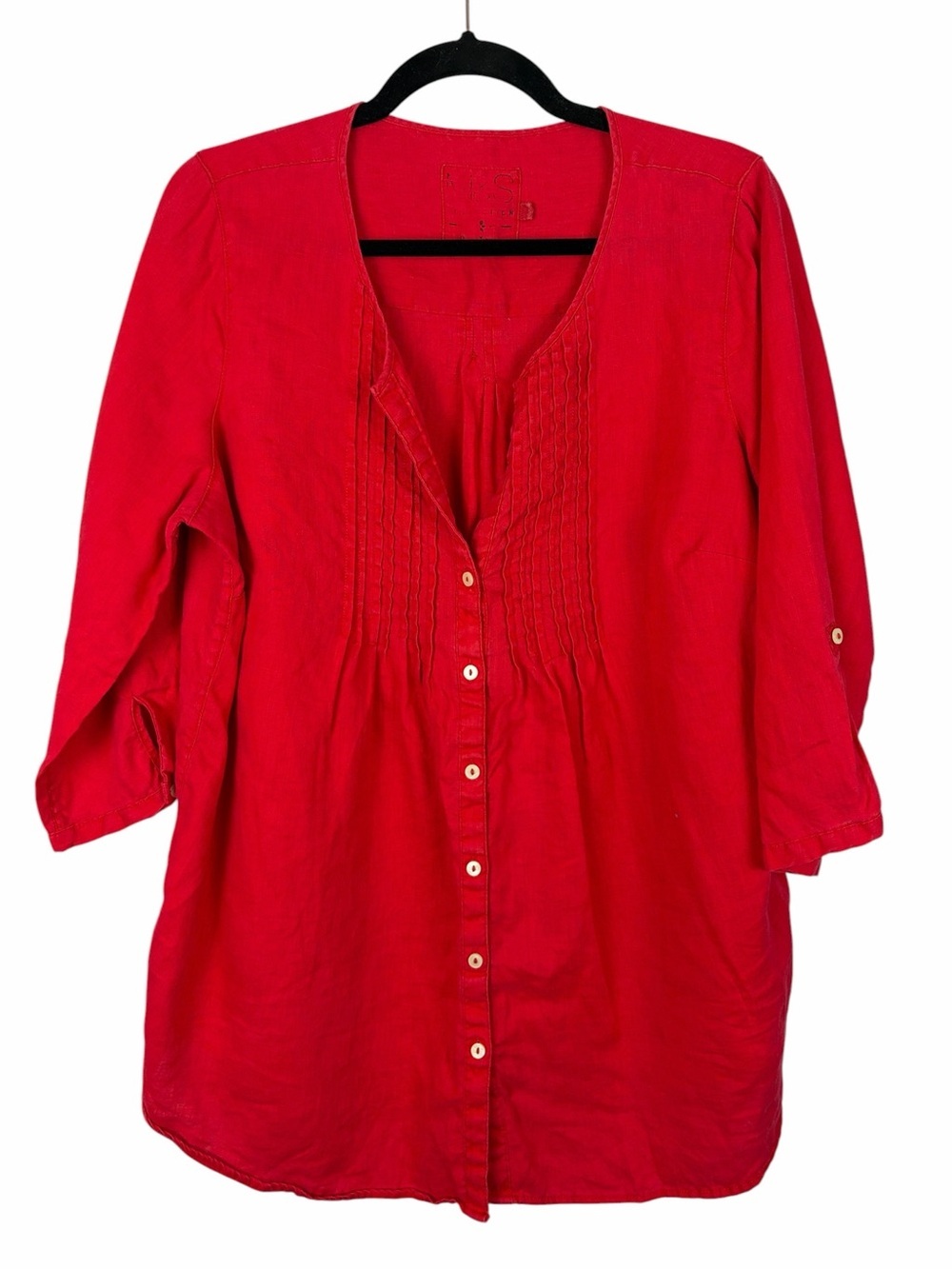 M&S 100% Linen Pintuck Button Front Tunic Blouse Roll Tab Sleeves UK 16 XL